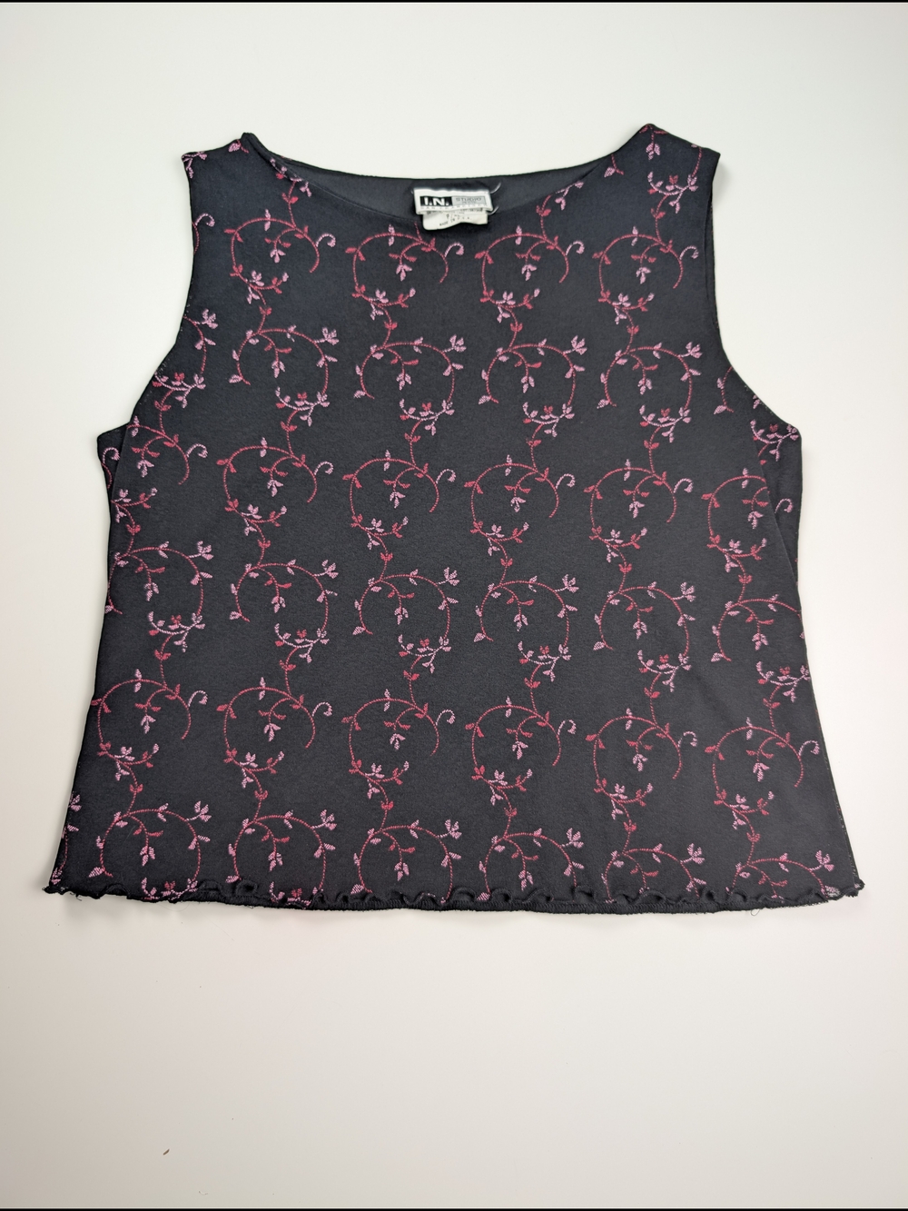 Vintage I.N. Studio Petite XL Black Pink Floral Lettuce Hem Tank Top Shell USA